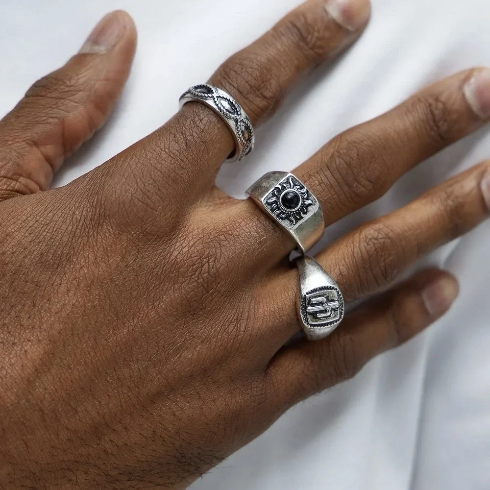 Silver Metal Western Cowboy Ring Set Mens 9 Barbwire Punk Cactus Sun Black Stone